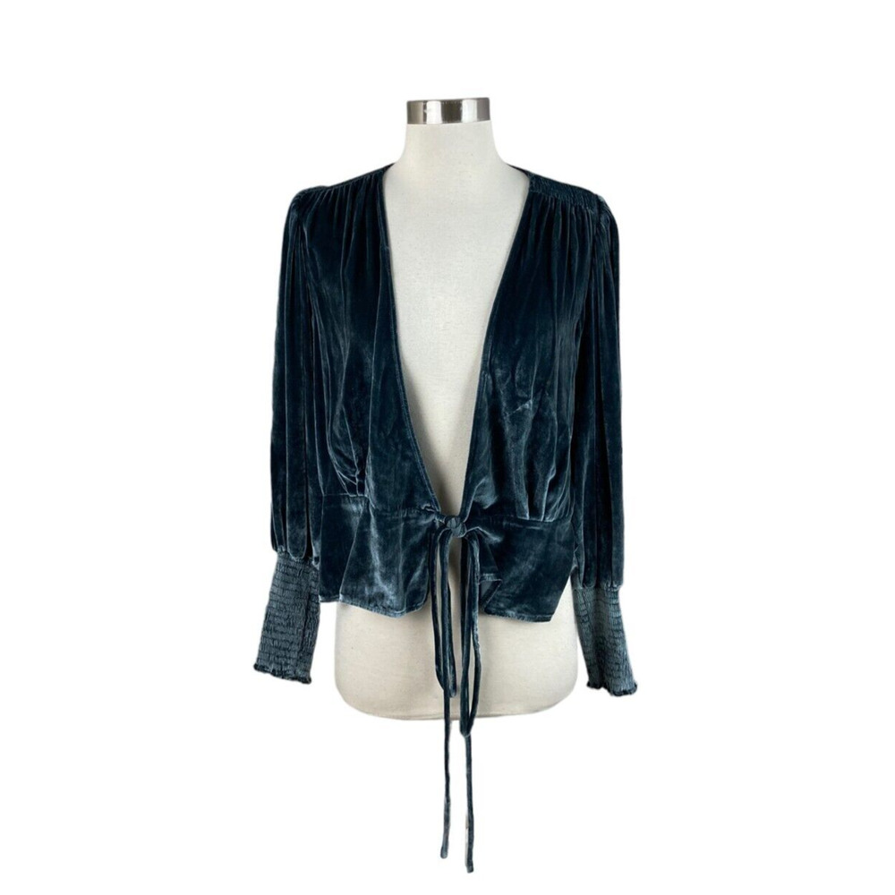 Reformation Blue Gray Velvet Tie Waist Bell Sleeve Smocked Blouse Size S